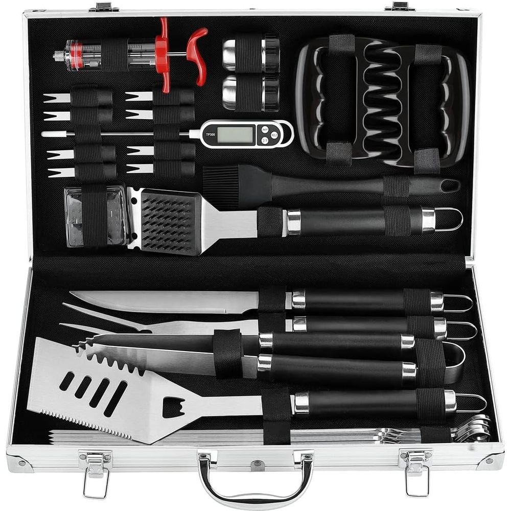 Meat Thermometer Camp - ชุดอุปกรณ์ปิ้งย่างบาร์บีคิว 26 ชิ้นในกล่อง - ชุดอุปกรณ์ปิ้งย่างพร้อมที่คีบ, เครื่องฉีดน้ำมันเนื้อ,