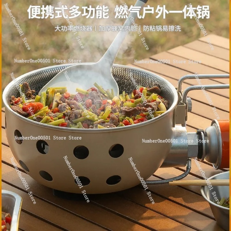 Camping Cooking One Pot - หม้อปรุงอาหารกลางแจ้งแบบพกพา ชุดเตาแคมป์ปิ้งออลอินวัน สำหรับผัดข้าว เดินป่า ตกปลา