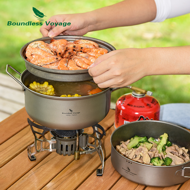 Camping Cooking Pot Set - Boundless Voyage ไทเทเนียม Steamer Stockpot พร้อมชุดกระทะ