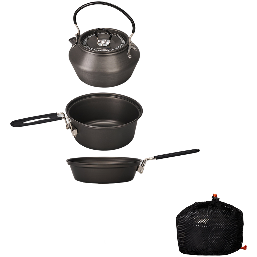 Camping Cooking Pot Set - ชุดเครื่องครัวแคมป์ปิ้งอลูมิเนียมอัลลอยน้ำหนักเบา 3 ชิ้น หม้อ กระทะ กาต้มน้ำ