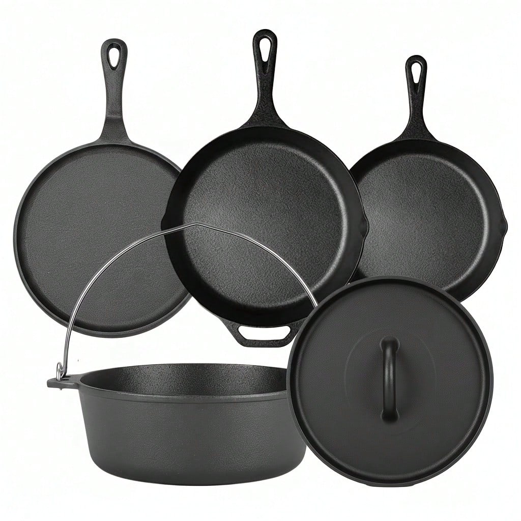 Camp Dutch Oven Cast - ชุดหม้อและกระทะเหล็กหล่อ PACILACK, ชุดเครื่องครัวเหล็กหล่อ 4 ชิ้นพร้อมกระทะ, กระทะย่าง
