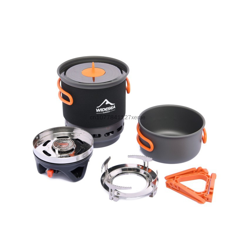 Camping Cooking Pot Set - ระบบทำอาหารสำหรับตั้งแคมป์พร้อมเครื่องแลกเปลี่ยนความร้อน เตาแก๊สกลางแจ้ง ชุดหม้อสำหรับนักท่องเที่ยว ถ้วย จานชาม อุปกรณ์ทำอาหาร