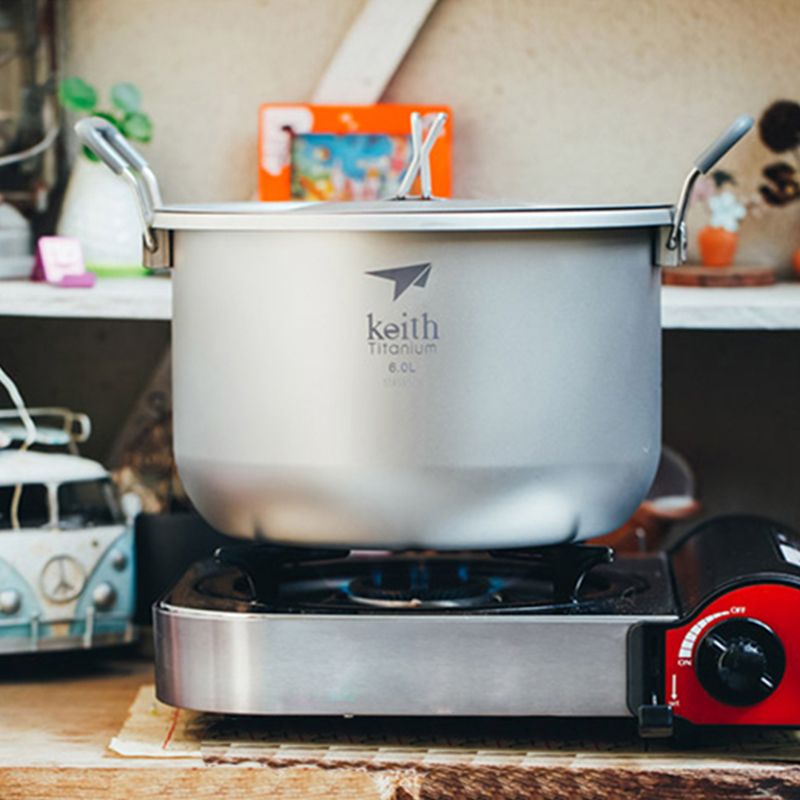 Camping Cooking Pot Set - Keith-Camping ชุดทําอาหาร,เครื่องครัวไทเทเนียม Stockpot 6L,Bacteriostatic Flatware,เดินป่ากลางแจ้งปิคนิคหม้อไทเทเนียม