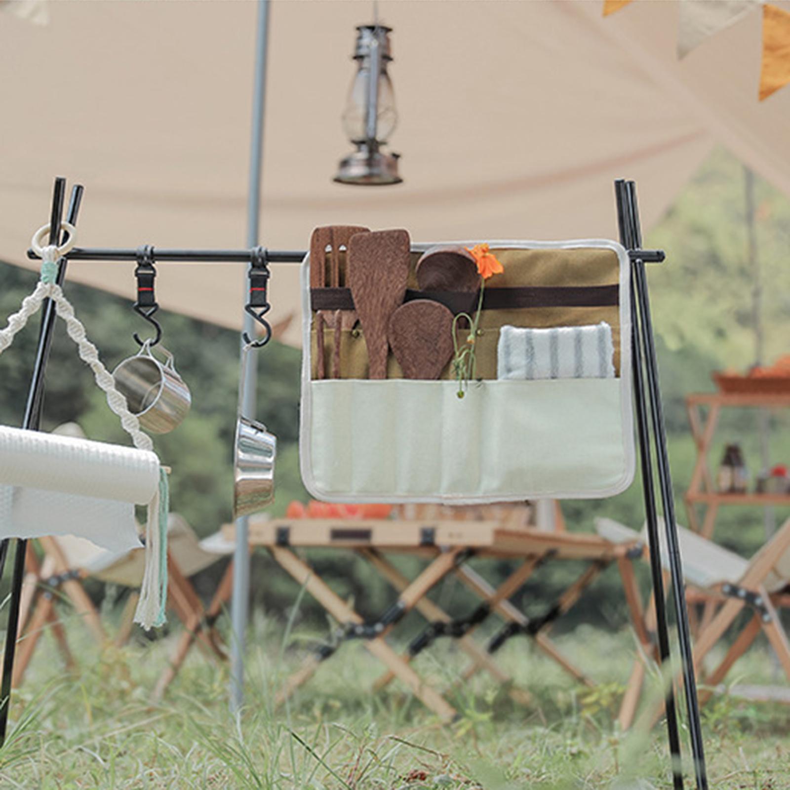Camping Cooking Utensil Roll - กระเป๋าเก็บอุปกรณ์บนโต๊ะอาหาร อุปกรณ์ทำอาหารแบบแขวน พกพาสะดวก กระเป๋าเก็บช้อนส้อมแบบพับได้ สำหรับการเดินทาง บาร์บีคิว