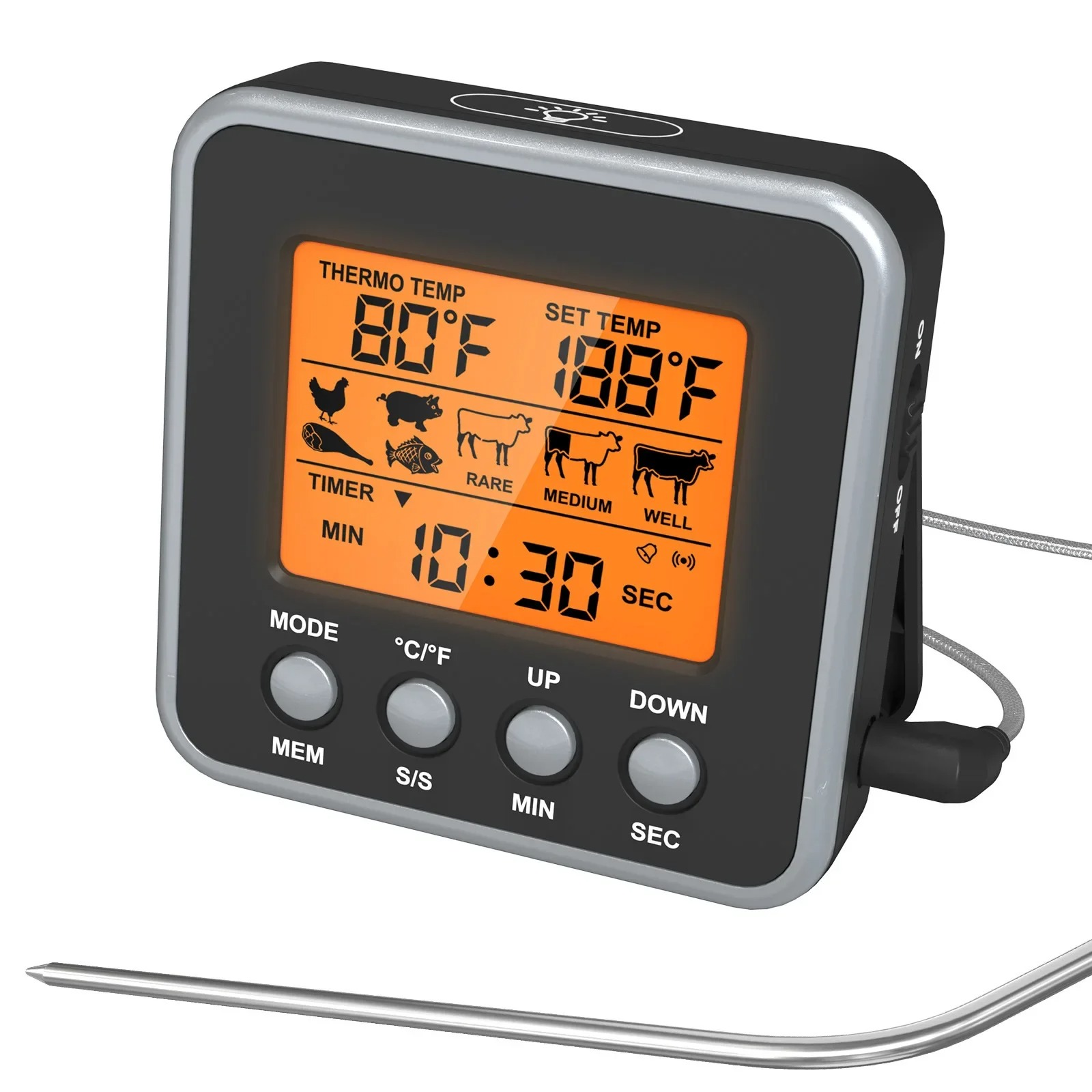 Meat Thermometer Camp - เทอร์โมมิเตอร์วัดอุณหภูมิเนื้อแบบดิจิตอล LCD วัสดุโลหะ สำหรับเตาอบ แบบอ่านค่าระยะไกล เทอร์โมมิเตอร์วัดอาหาร