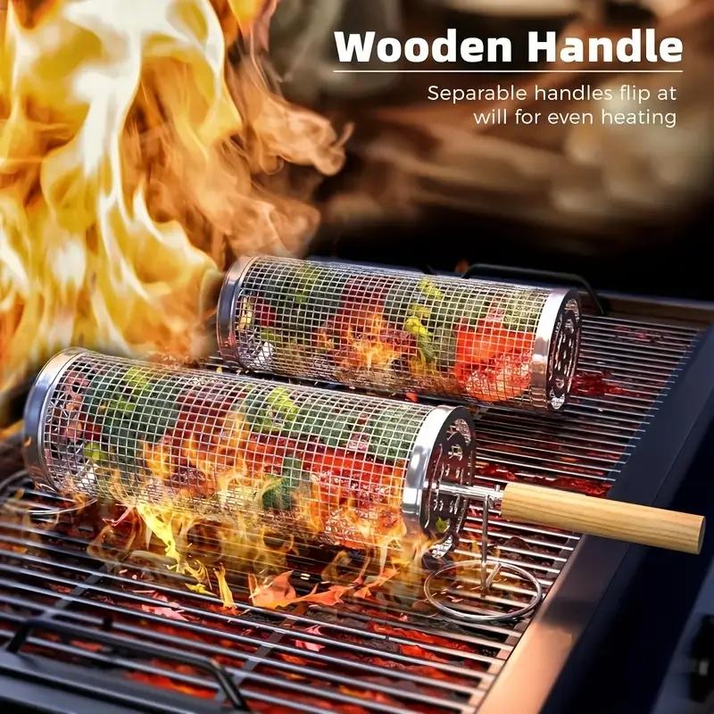 Camping Cooking Bbq - ตะแกรงย่างบาร์บีคิวสแตนเลสทรงกระบอกกลม ตะแกรงลวดหมุนได้สำหรับเนื้อสัตว์ ผัก ปลา สำหรับตั้งแคมป์ปิกนิกกลางแจ้ง