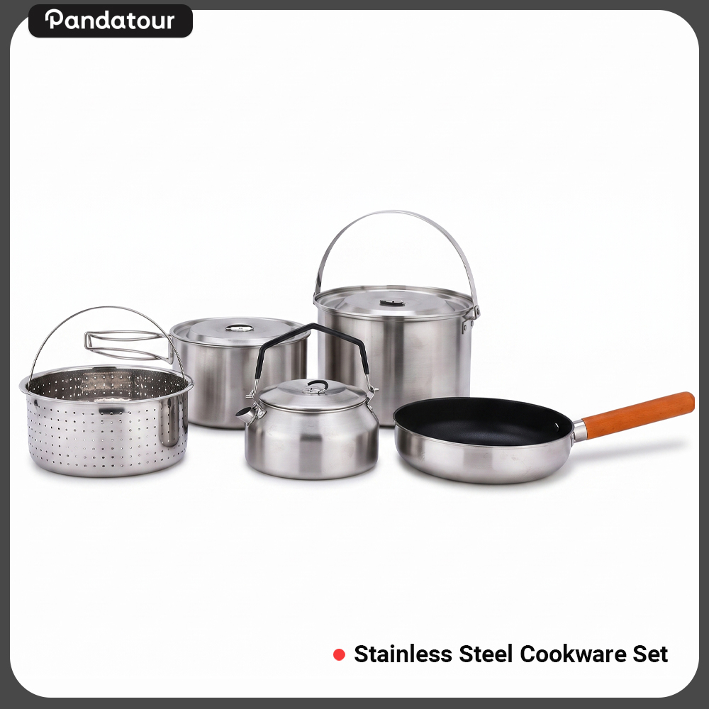 Camping Cooking Pot Set - ชุดเครื่องครัวสแตนเลส 5 ชิ้นสำหรับตั้งแคมป์กลางแจ้ง Pandatour พับเก็บได้ พกพาสะดวก