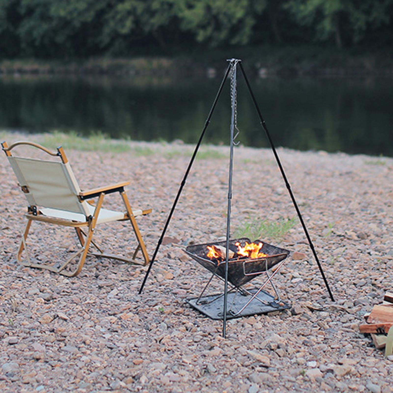Camping Cooking Pot Large - ขาตั้งเตาไฟกลางแจ้งแบบพกพาขนาดใหญ่สำหรับตั้งแคมป์ ใช้สำหรับแขวนหม้อปรุงอาหาร ปรับระดับได้ พร้อมโซ่แขวน