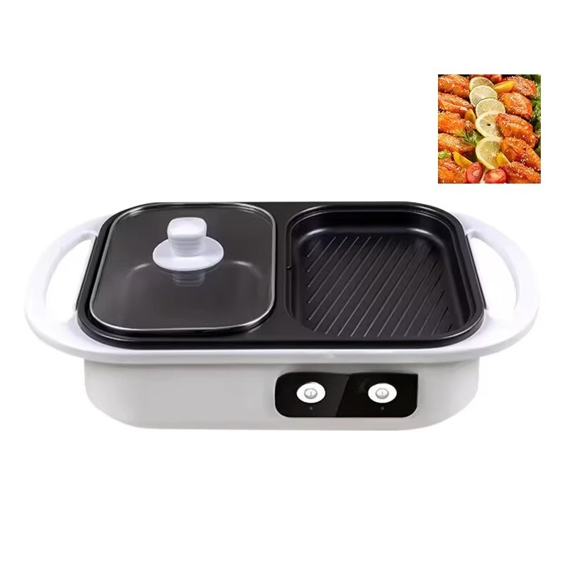 Camping Cooking One Pot - หม้อไฟฟ้าอเนกประสงค์แบบสองในหนึ่ง ปิ้งย่างและต้มอาหาร ไม่ติดกระทะ พกพาสะดวก สำหรับตั้งแคมป์กลางแจ้ง