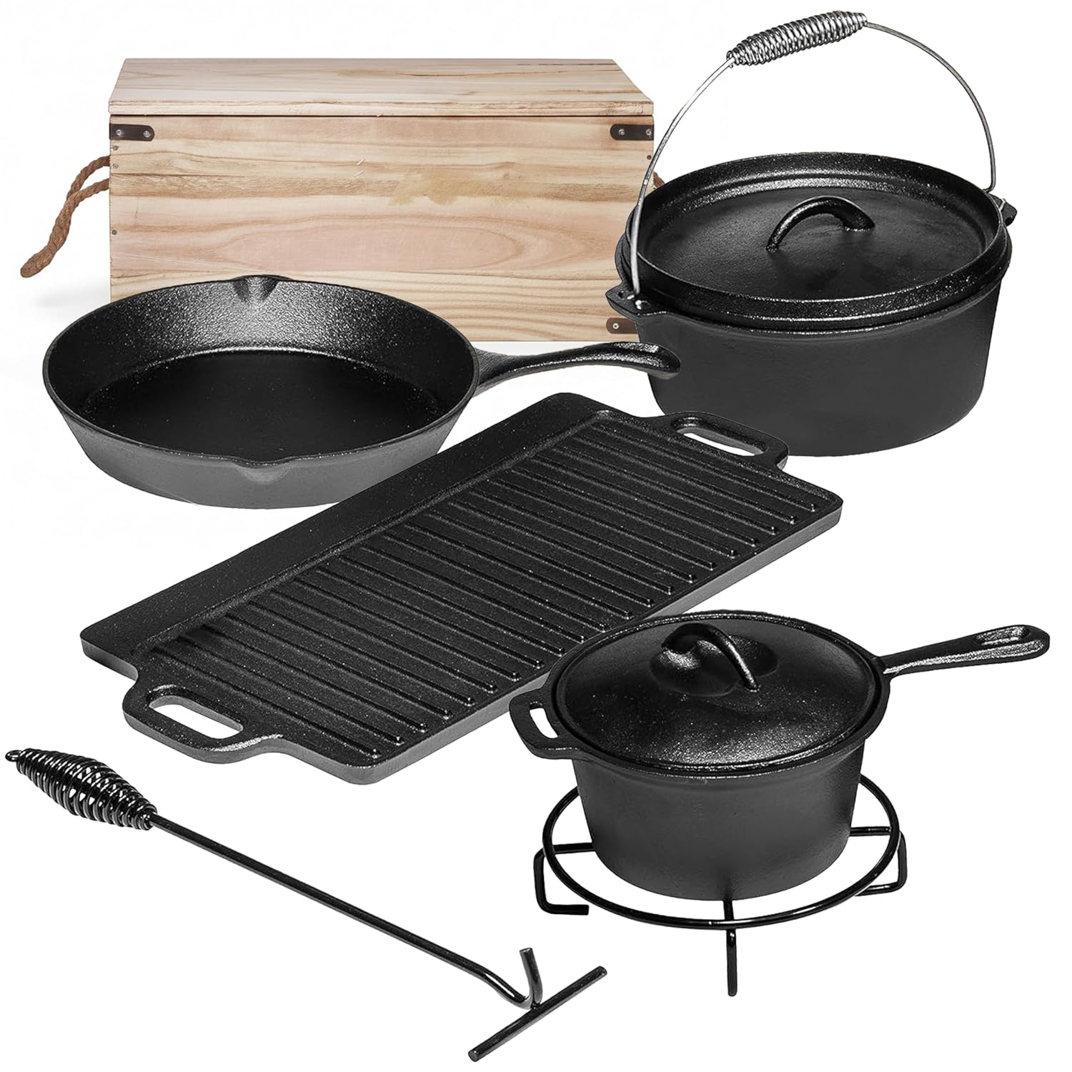 Camp Dutch Oven Cast - ชุดอุปกรณ์ทำอาหารสำหรับตั้งแคมป์ 7 ชิ้น หม้อและกระทะเหล็กหล่อเคลือบผิวพร้อมฝาปิดสำหรับใช้กับเตาไฟกลางแจ้ง เครื่องครัวสำหรับย่าง