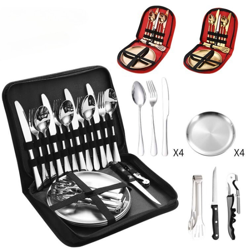 Camping Cooking And Eating Set - ชุดช้อนส้อมสแตนเลสสำหรับกิจกรรมกลางแจ้ง 10/20 ชิ้น ชุดมีดส้อมสำหรับตั้งแคมป์ปิกนิก มีด ส้อม