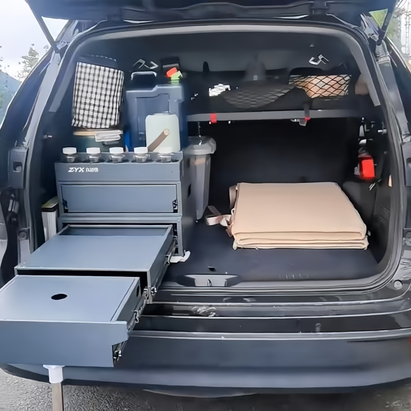 Camping Cooking Box - กล่องเก็บของในครัวสำหรับแคมป์ปิ้ง กล่องครัวแบบเลื่อนออกได้สำหรับรถออฟโรด กล่องครัวสแตนเลสแบบยืดหดได้สำหรับท้ายรถ กล่องจัดระเบียบท้ายรถ SUV