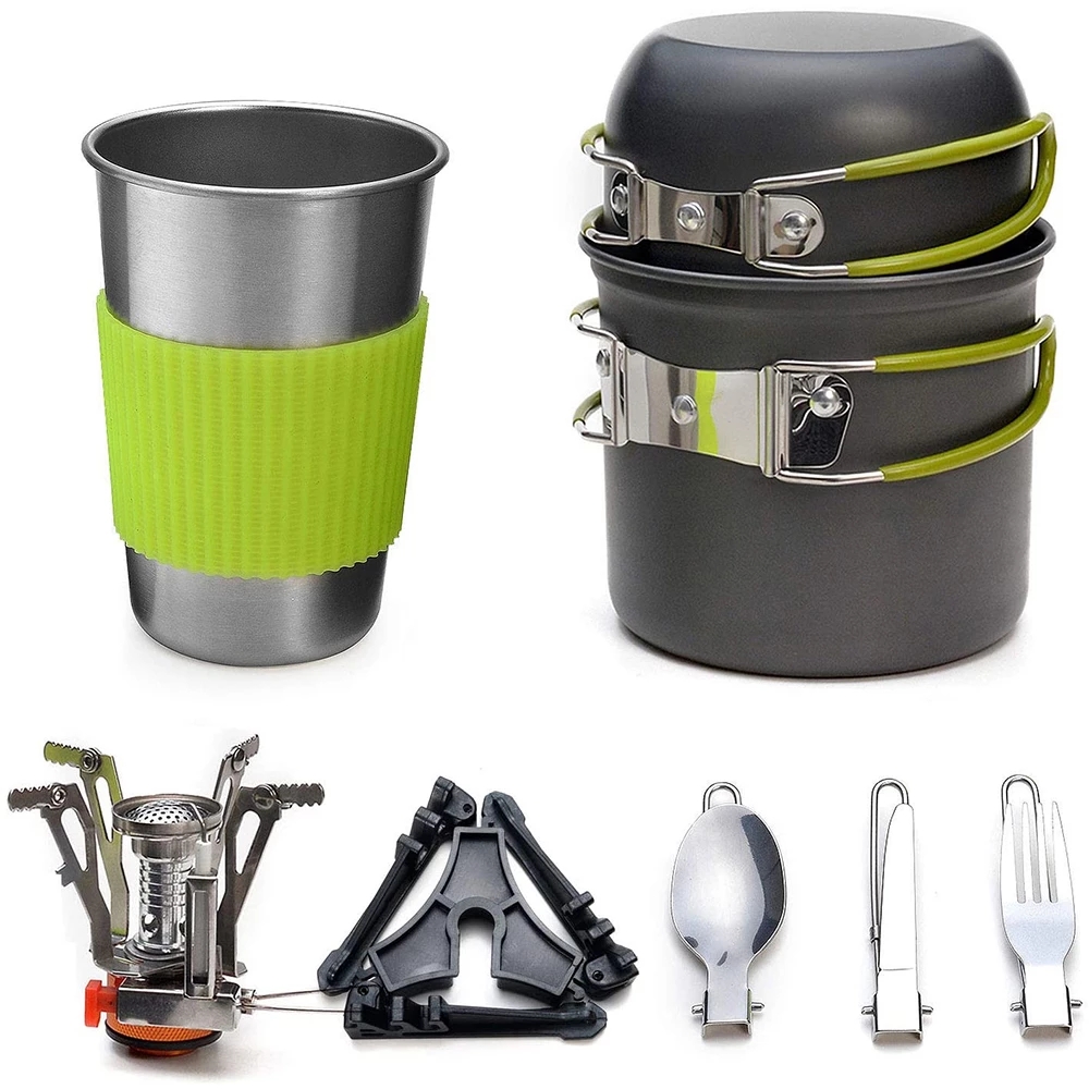 Camping Cooking Pot Set - ชุดเครื่องครัวตั้งแคมป์พร้อมเตาชุดทําอาหารกลางแจ้งหม้อกลางแจ้งบนโต๊ะอาหารท่องเที่ยวห้องครัวเดินป่าปิคนิคบาร์บีคิว