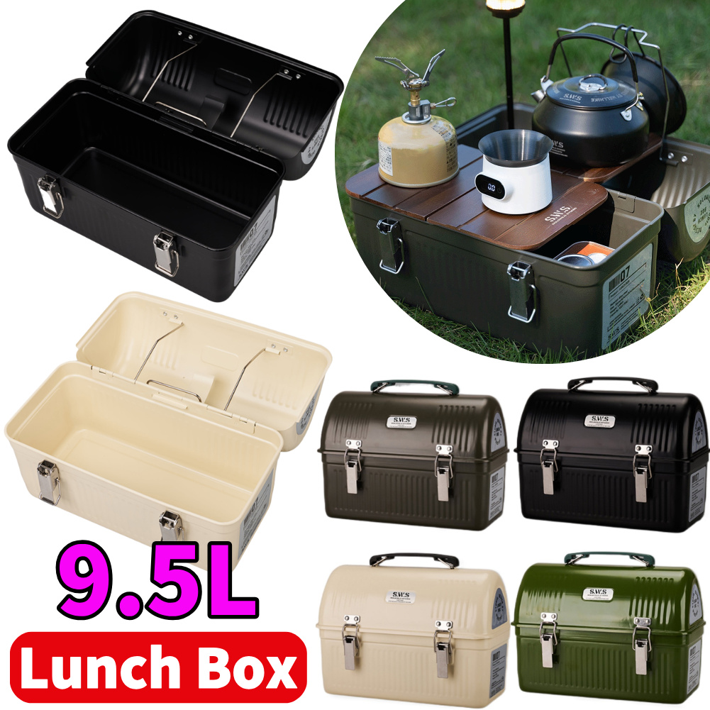 Camping Cooking Food - กล่องอาหารกลางวันโลหะวินเทจขนาด 9.5 ลิตร พร้อมหูหิ้วและตัวล็อค สำหรับแคมป์ปิ้ง ตกปลา