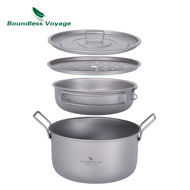 Camping Cooking Pot Set - อย่างไร้ขอบเขตการเดินทางหม้ออาหารแคมป์ปิ้งหม้อไอน้ำไทเทเนียมอเนกประสงค์พร้อมฝาปิดชุดรับประทานกลางแจ้ง Ti2057C