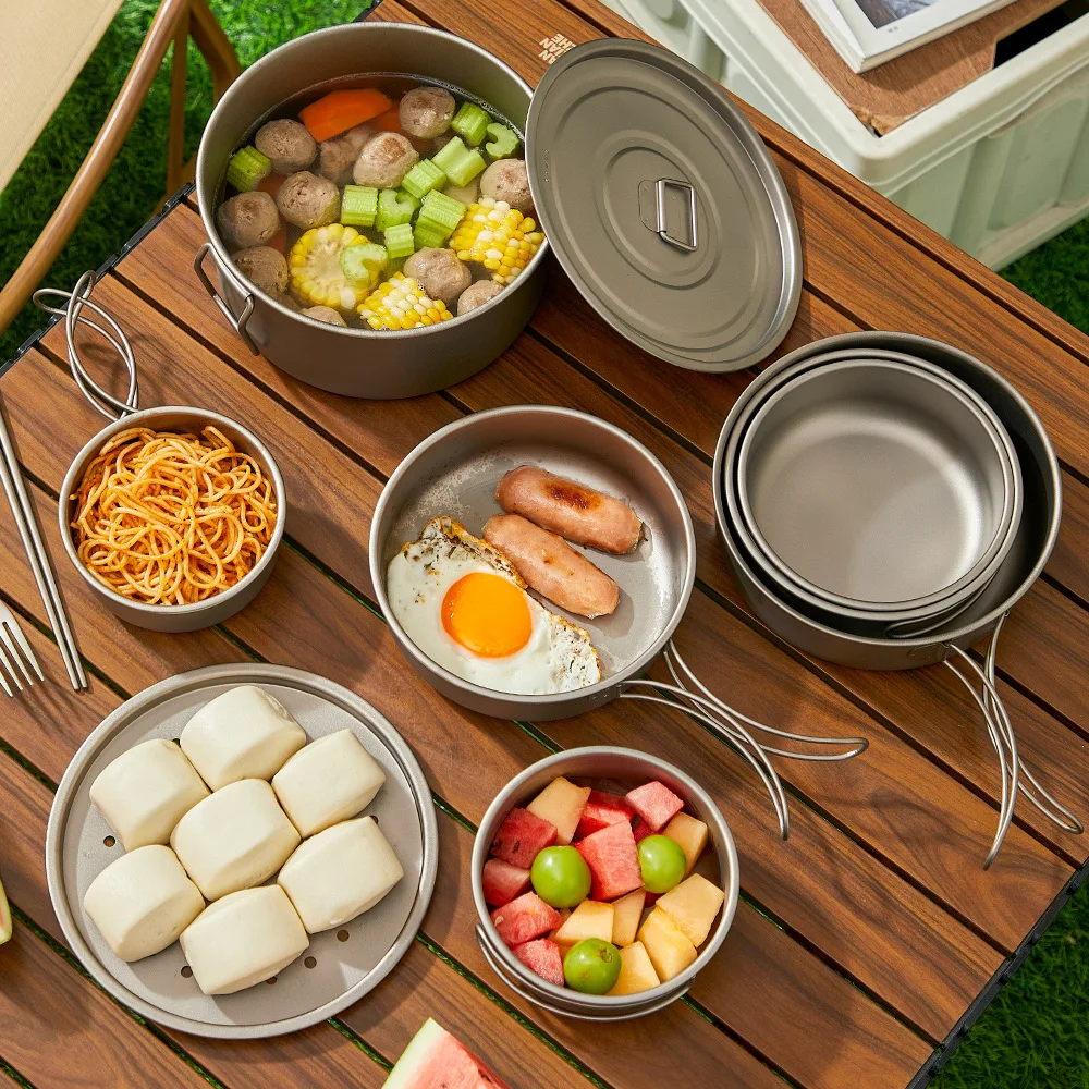 ไทเทเนียมกลางแจ้งชุดหม้อปิคนิค - Camping Cooking Pot Set บทวิจารณ์และราคา